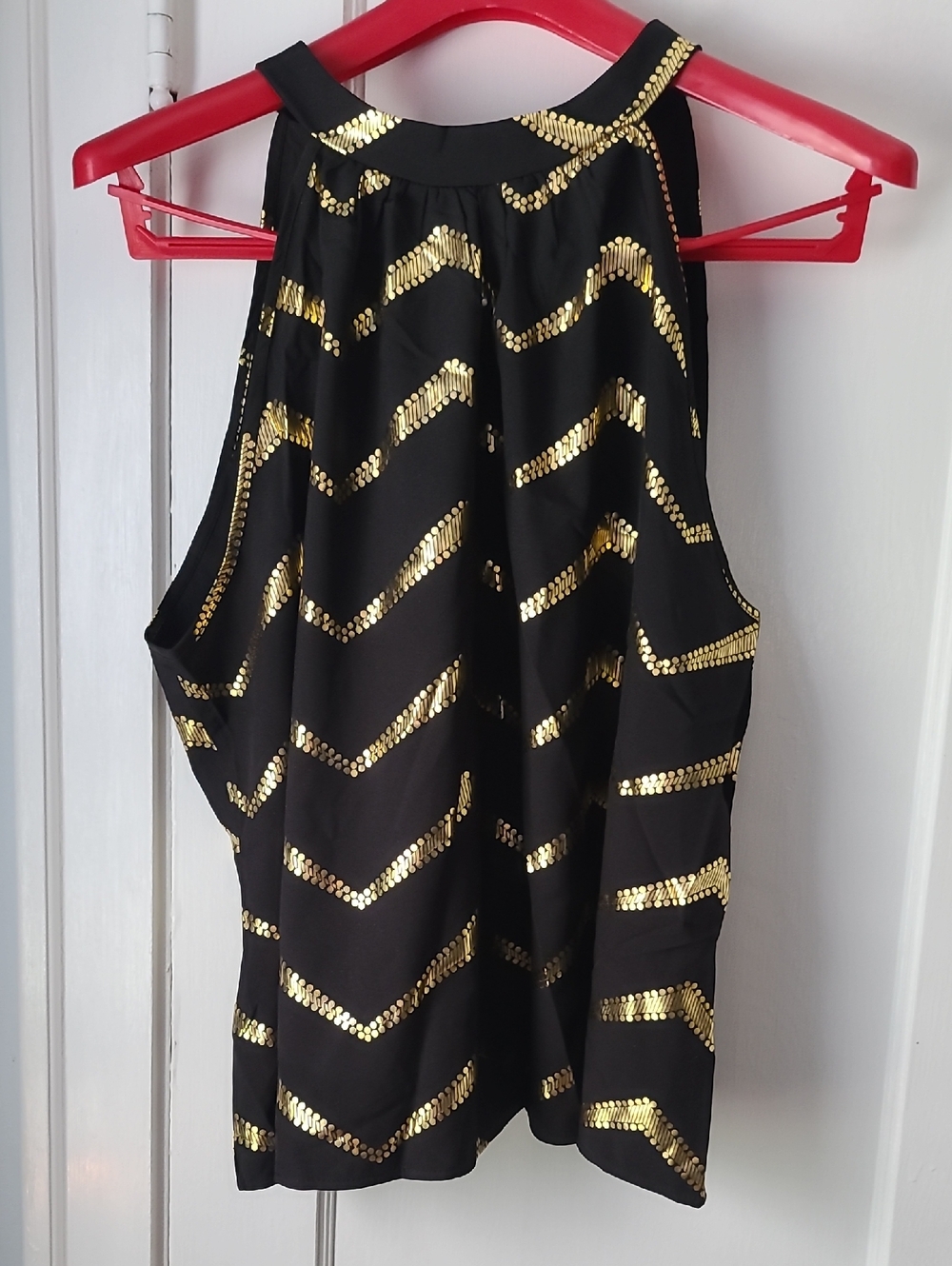SHEIN Black Halter Top with Gold Sequin Chevron